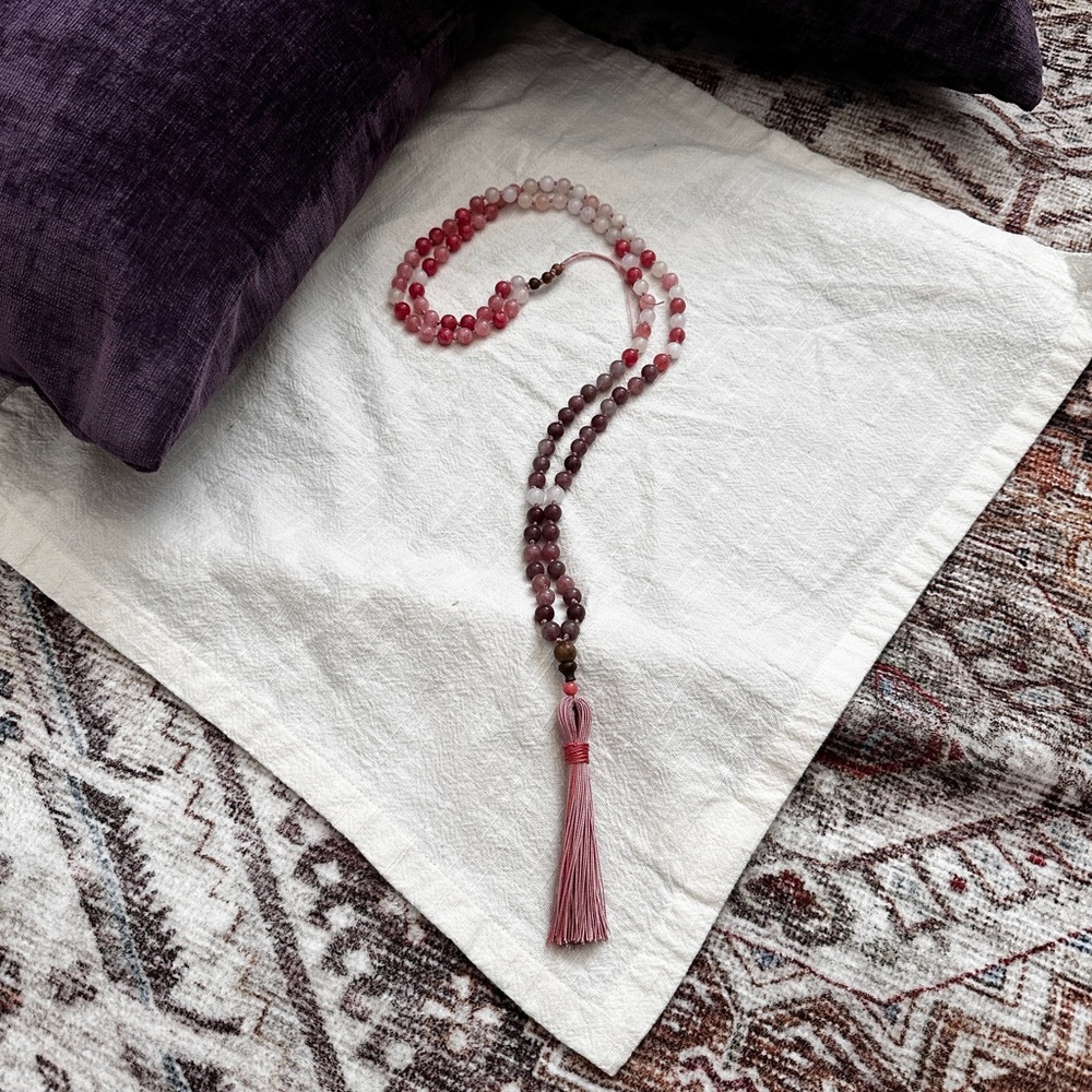 Pink gemstones japamala  with Tassel japamala 108 Beads & Sandalwood